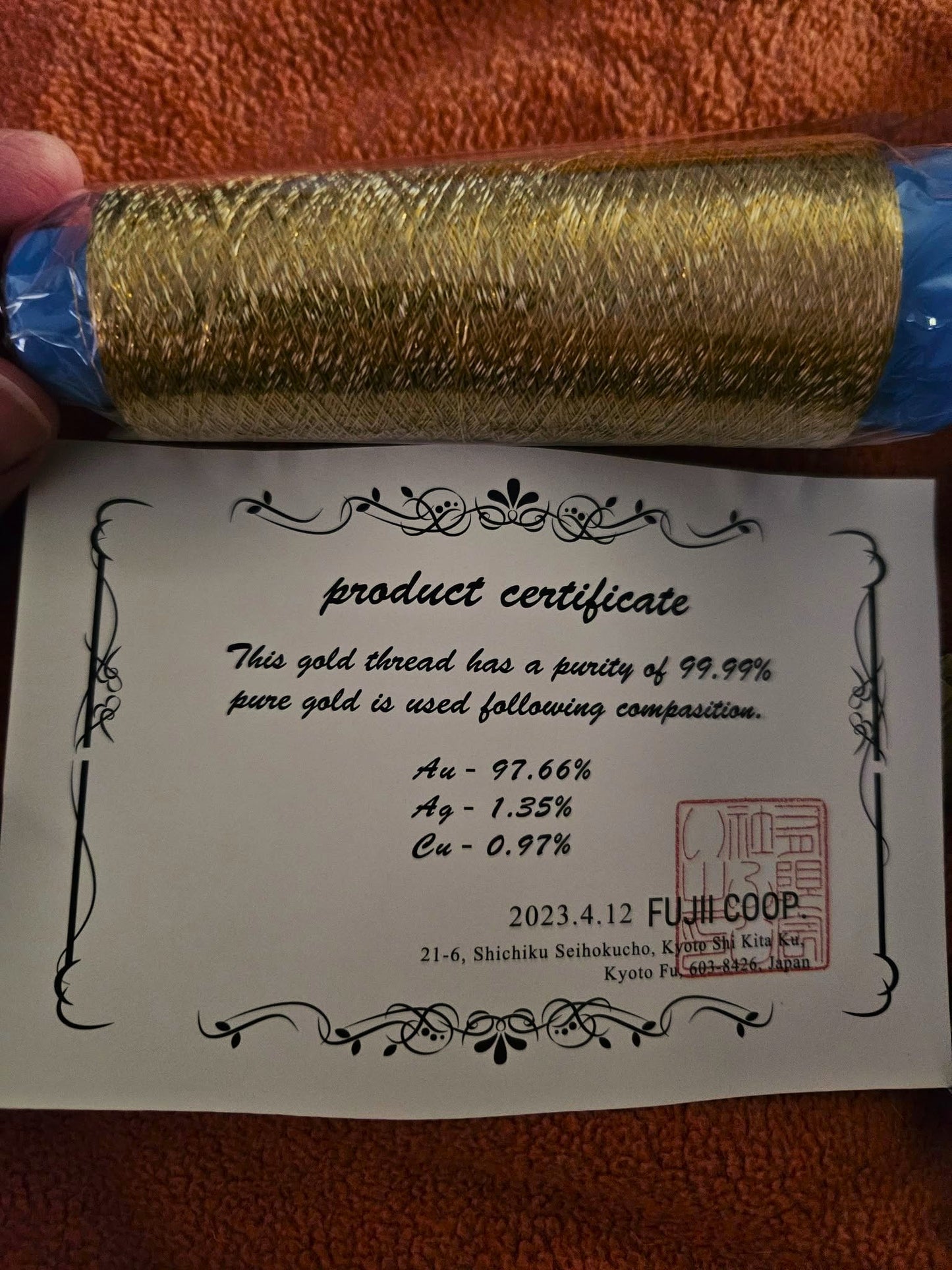 24k Gold passing thread with certificate