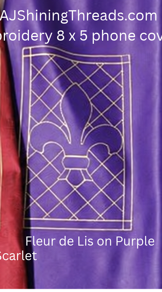 Fleur de Lis phone cover embroidery kit on purple silk