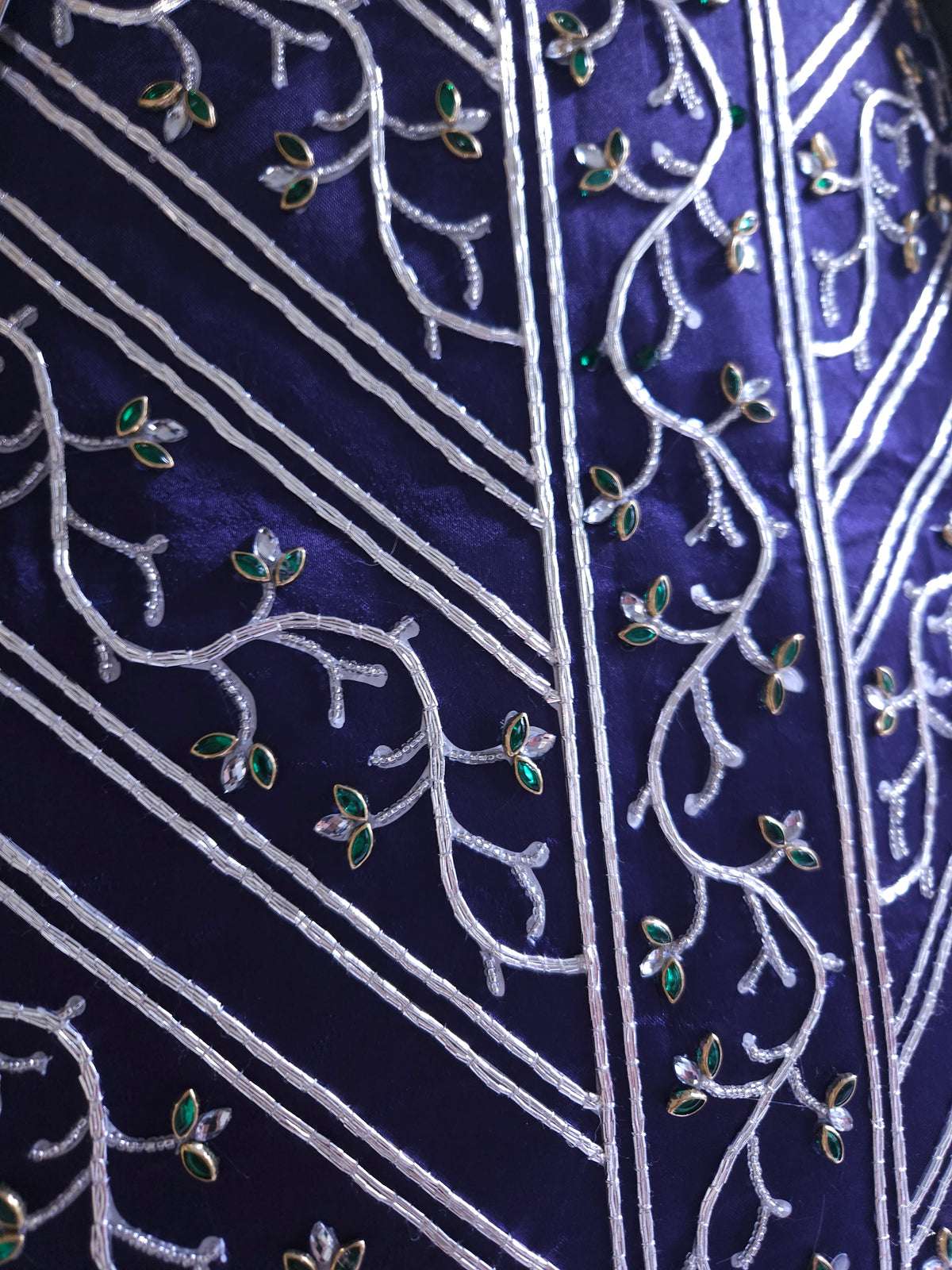 Hand Silverwork Vines underskirt panel, bodice front and sleeve lowers