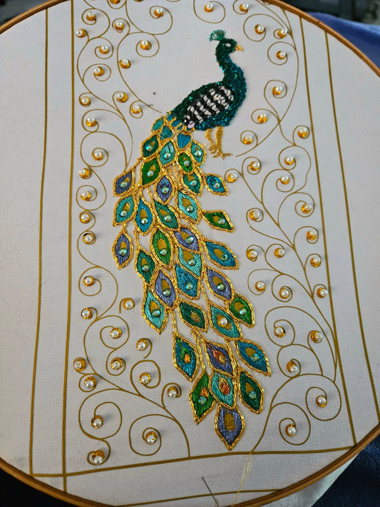 Peacock Embroidery Kit — Goldwork and Rare Shaded Silver Leaf Thread